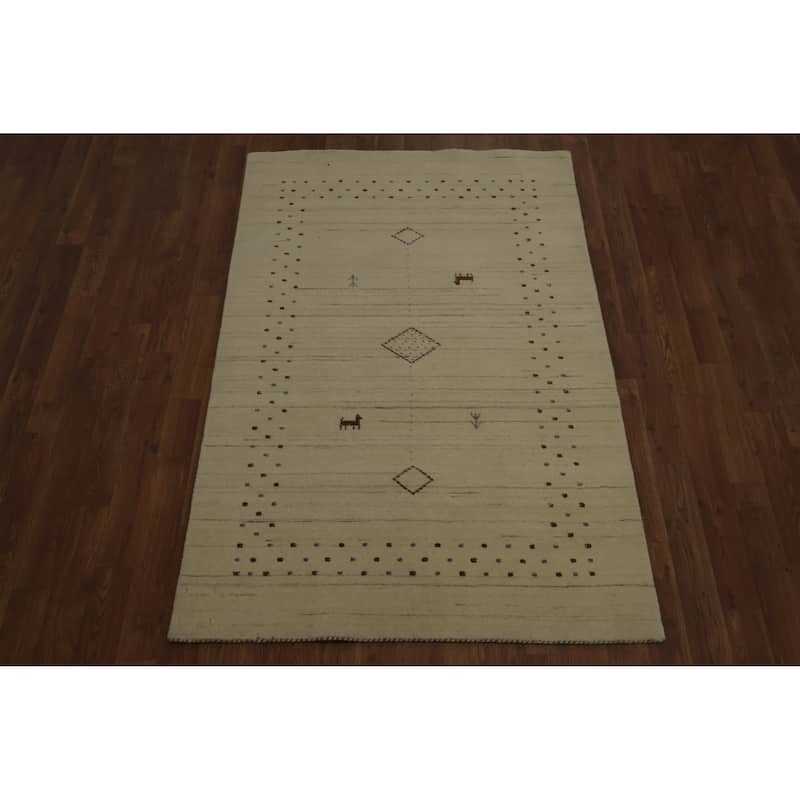 Hand Knotted Oriental 100% Wool Carpet Tribal Animal Pictorial Beige & Ivories Gabbeh Area Rug - 5' 2'' X 3' 3''