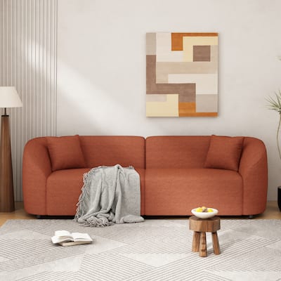 87" Orange Curved Sofa with Boucle Upholstery and Solid Frame
