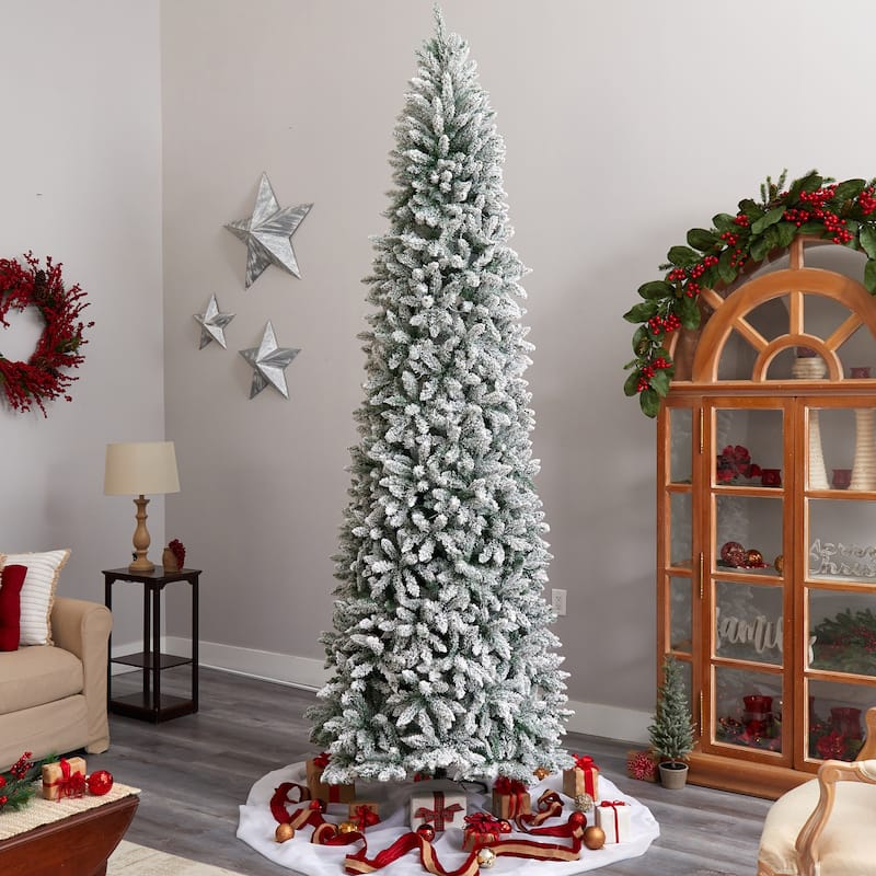 10ft Slim Artificial Christmas Tree with Lights - Winter Fir Tree, Flocked Holiday Decor, Realistic Tree - White - 120