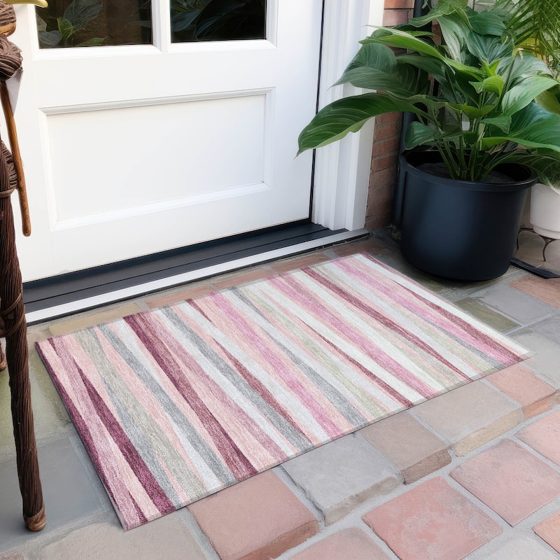 Machine Washable Indoor/ Outdoor Modern Stripes Chantille Rug