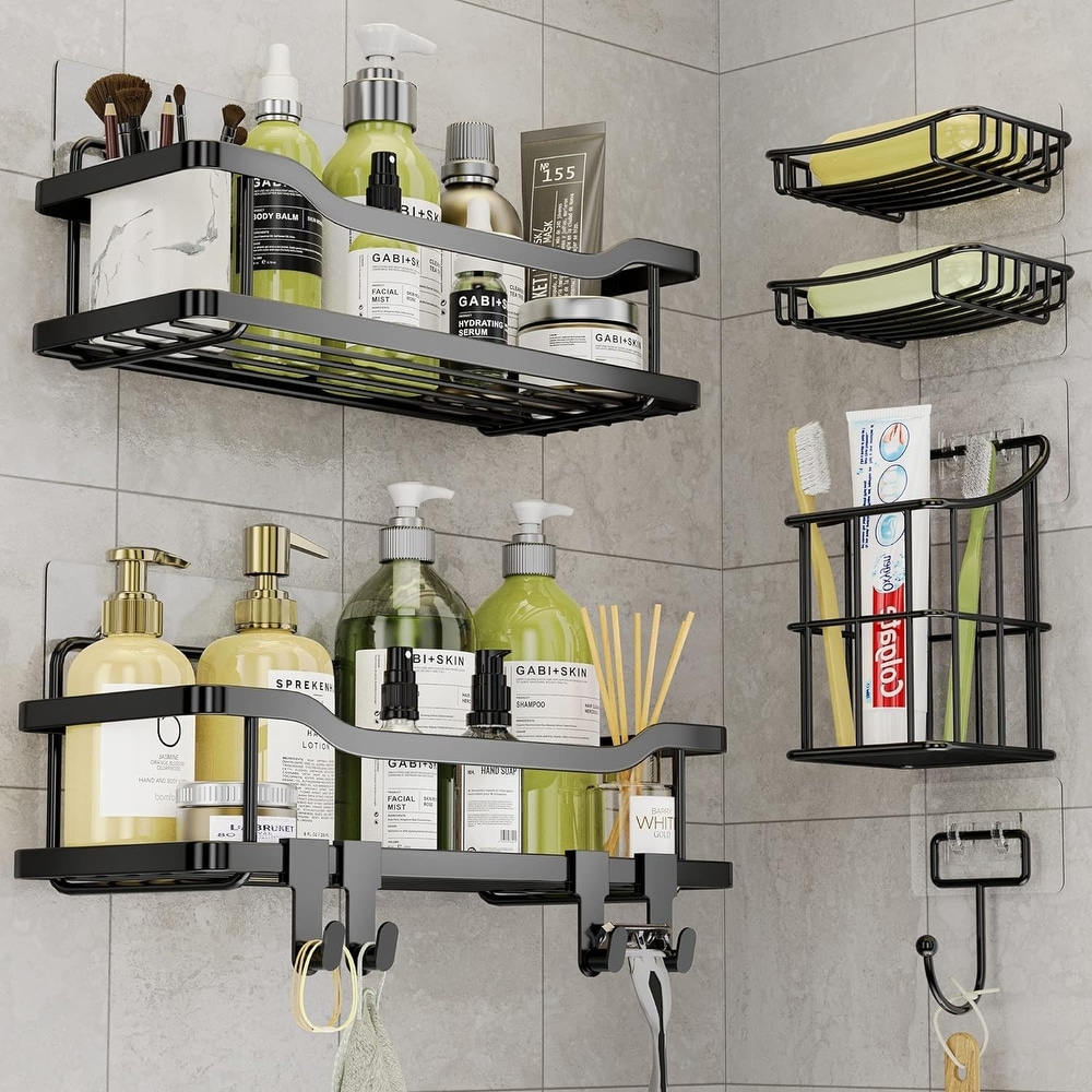 2 Pack Adhesive Shower Caddy, Wall Mount Shower Organizer with Hooks, No  Drilling Rustproof Stainless Steel Self-Adhesive Shower Shelves for Bathroom  and Kitchen Storage Matte Black 