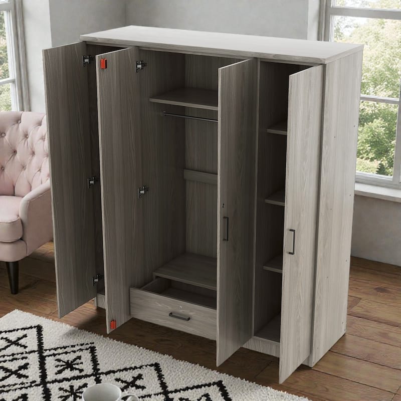 4 Door Wardrobe Closet with Drawer and Hanging Rail, Modern MDF Bedroom Armoire Storage Cabinet