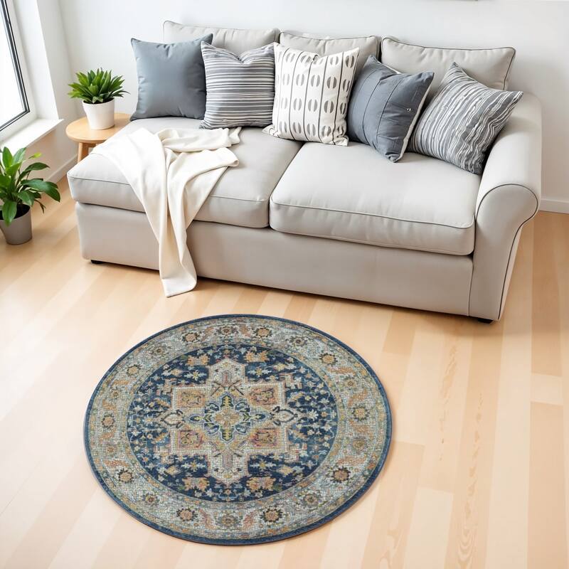 Power Loomed Distressed Geometric Floral Non Skid Area Rug - 48' X '48' X '0.5 - 48' X '48' X '0.5 - Oxford Blue - Round