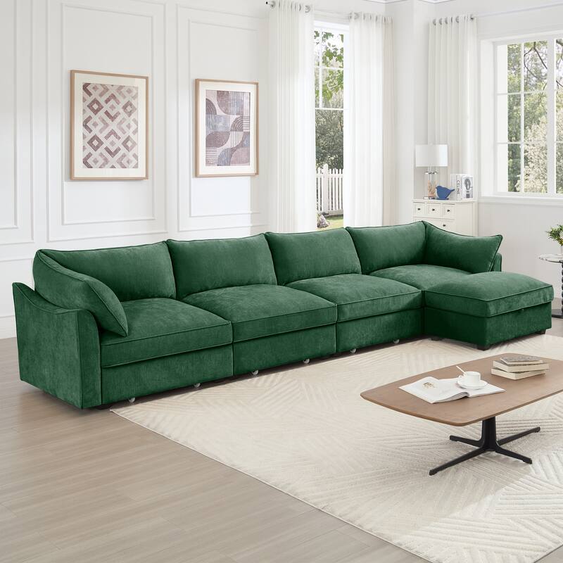 L-Shaped 4-Deep Seater Sectional Sofa Couch with 1 Movable Storage Ottoman & Pull out Drawers Under Each Seat