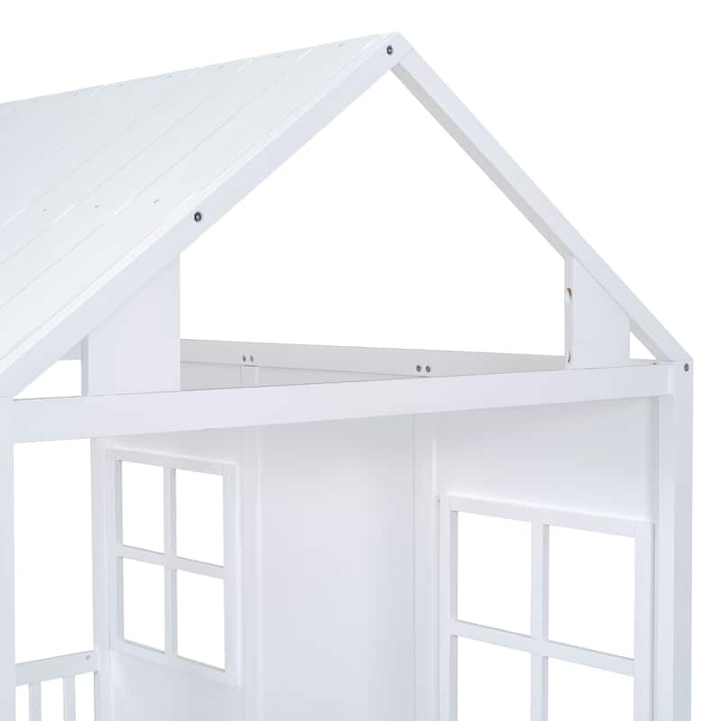 Full Over Twin/Twin Over Twin Wood House Bed, Wooden Bunk Bed with Trundle and Guard Rail for Bedroom