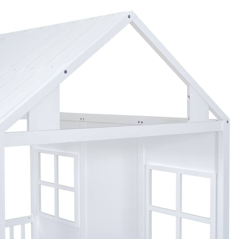 White Full Size Wooden House Bed with Twin Trundle, Space-Saving Daybed