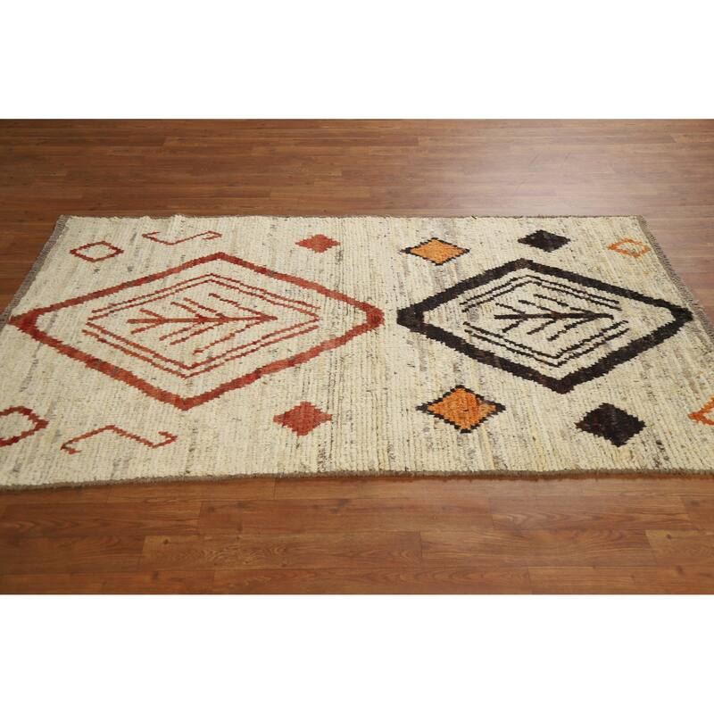 Moroccan Oriental Rug Handmade Beige Tribal Wool Carpet - 3'9" x 6'2"