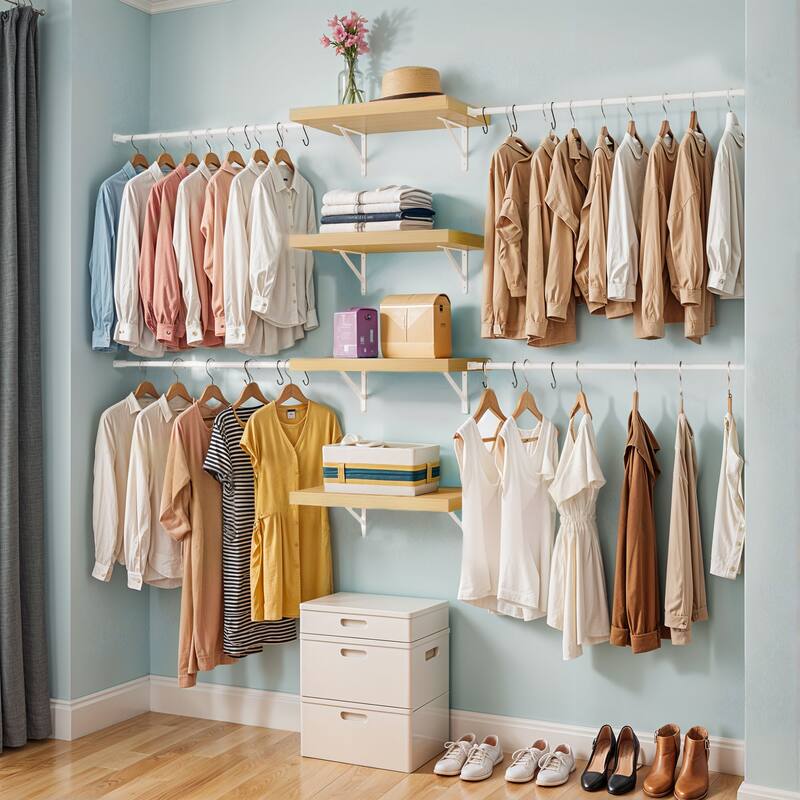 Wall-Mounted Clothing Storage Rack Multi-Functional Closet Organizer System with Adjustable Rods and Shelves - 4 Shelf-White