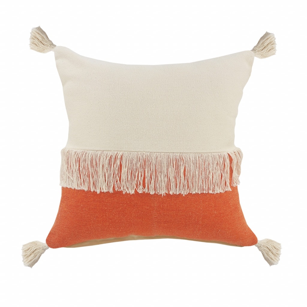 HomeRoots 20" X 20" Orange And Off-White 100% Cotton Zippered Pillow