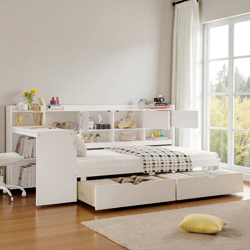 Wooden L-Shaped Daybed with Study Desk, Bookshelf, 7 Storage Cabinets and 2 Drawers, Multi-Functional Space-Saving Bed