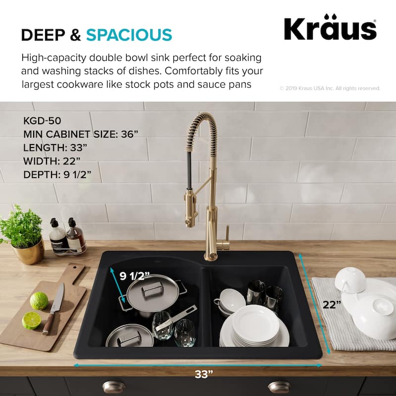 KRAUS Forteza Granite 33 inch 60/40 Undermount Drop-in Kitchen Sink