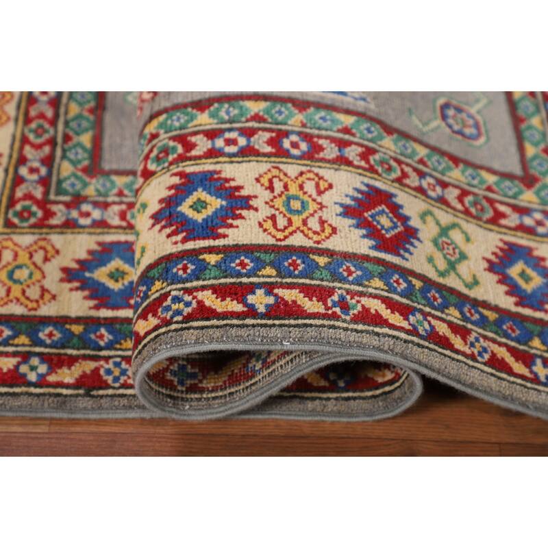 Gray Geometric Kazak Accent Rug Hand-Knotted Wool Carpet - 3'4" x 4'11"