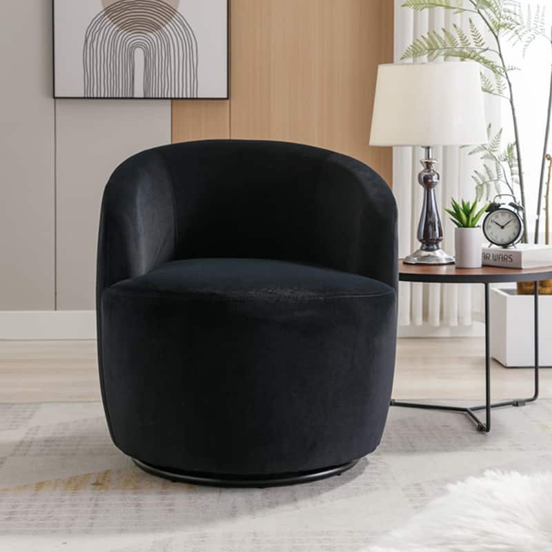 Velvet Fabric Swivel Accent Armchair Barrel Chair With Powder Coating Metal Ring - Black