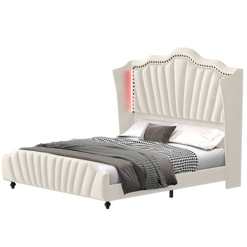 Velvet Upholstered Platform Bed Frame with 60" Tall Wingback Headboard