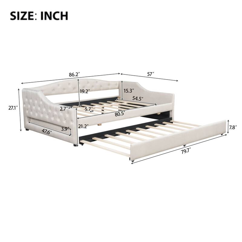 Full XL Size Upholstered Daybed with Linen Cover Backrest & Trundle, Wood Sofa Bed Frame with LED Lighting, No Box Spring Needed