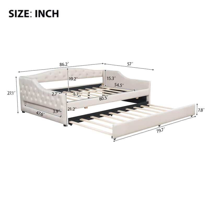 Upholstered Full XL Size Daybed with LED Belt and Trundle