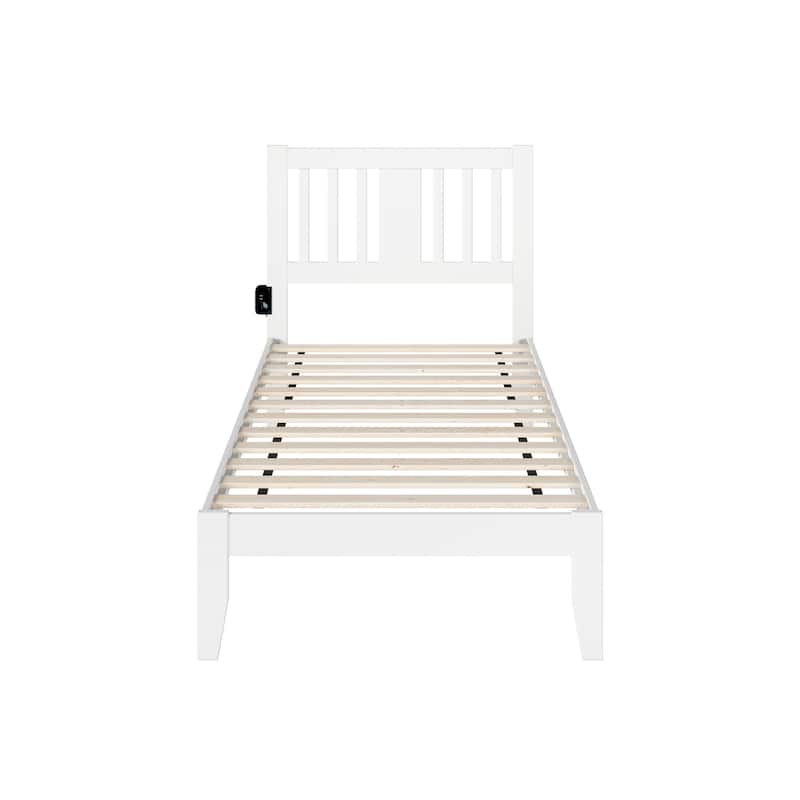 Twin Bed - USB Charging Bed Frame, Solid Wood, Mission Style, Slat Kit Included