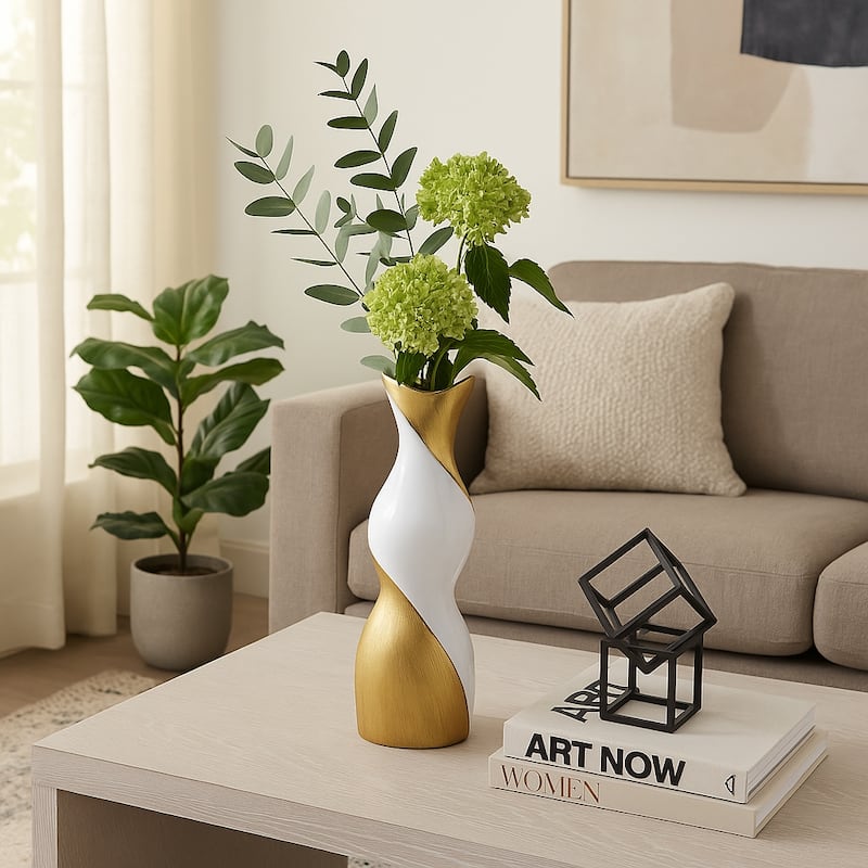 Contemporary Ceramic Twisted Vase -White and Gold Floral Vase