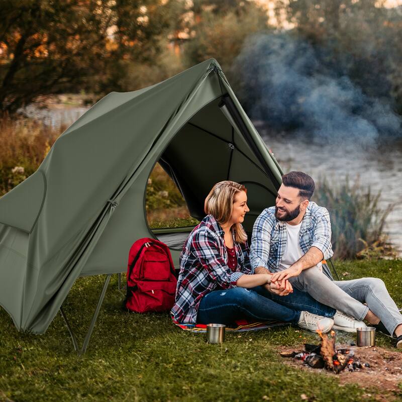 Green Oxford Cloth Metal 2-Person Camping Tent Cot Combo with Rainfly and Wheeled Bag - 80" x 51" x 64"
