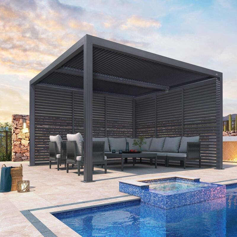 PURPLE LEAF Gray Louvered Pergola Outdoor Aluminum Pergola with Adjustable Roof for Patio Grey Hardtop Gazebo