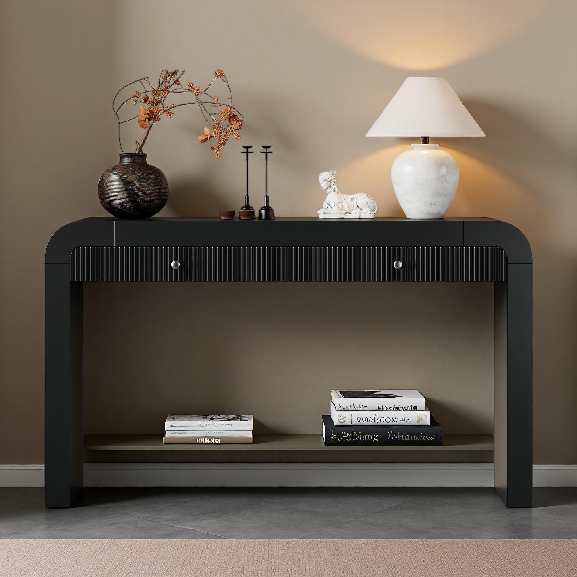 54.3" MDF + Acacia Veneer Console Table with Fluted Drawer Front - Rustic Entryway Table with Thick Legs & Curved Corners