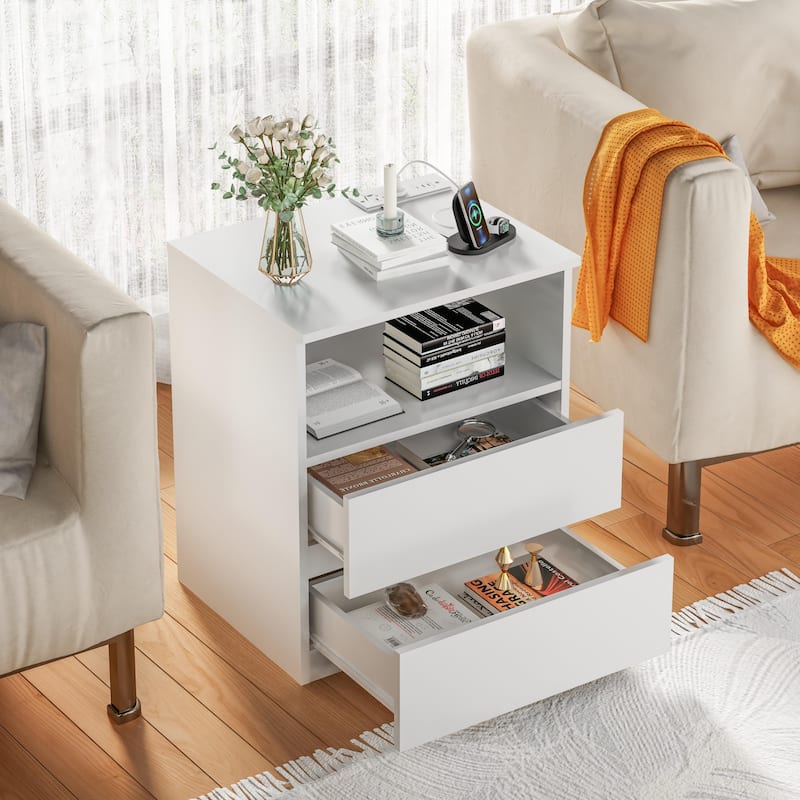 Nightstand with Charging Station, Sofa Side Table with Open Shelves & 2 Drawers, Large Capacity Wood Storage Cabinet