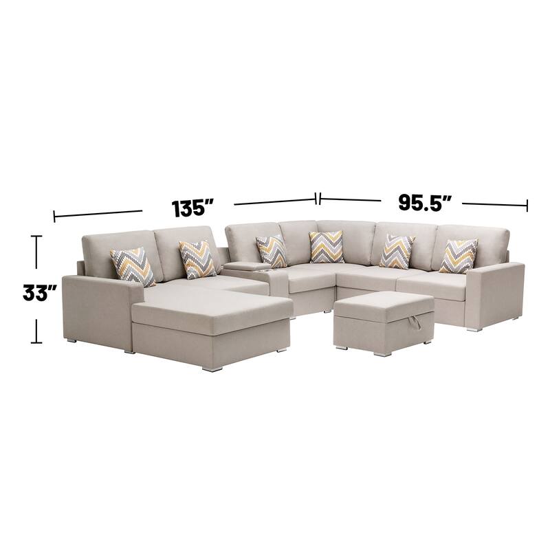 Linen Fabric 8 Piece Reversible Chaise Sectional Sofa with Storage Ottoman, and Storage Console Table