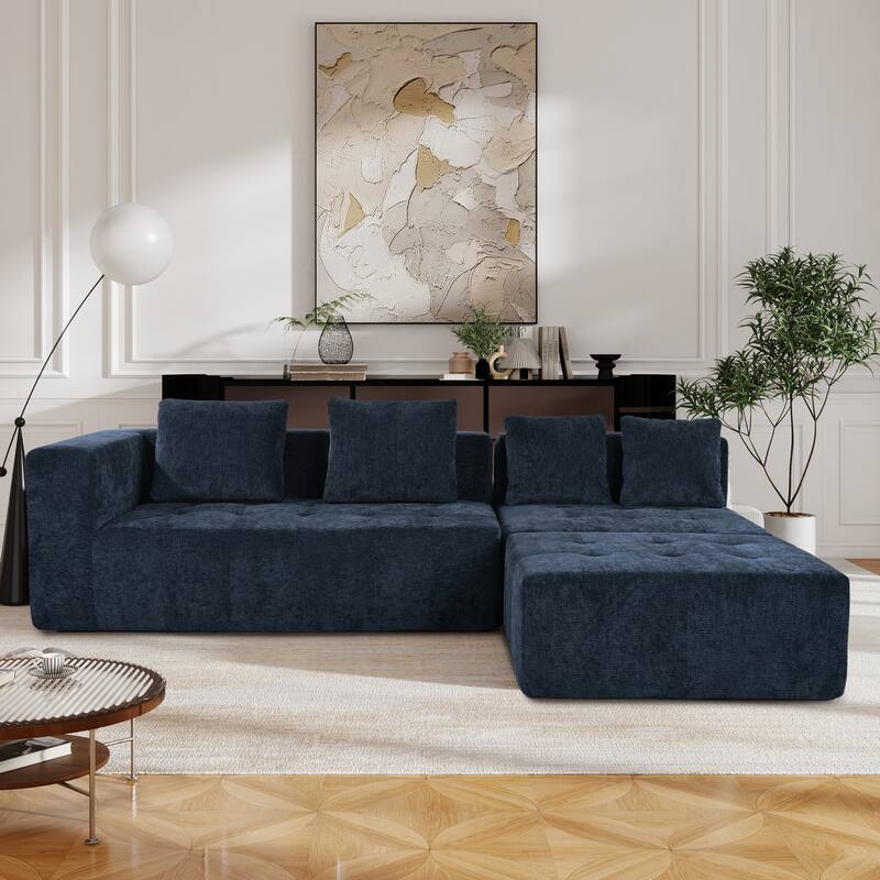 Sectional Couch for Living Room, 4 Seat L Shape Couch Tufted Couch Removable Modular Sofa with Movable Ottoman & 4 Cushions - Dark Blue