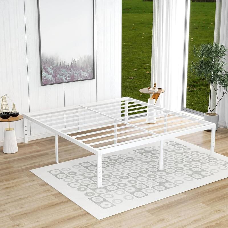 alazyhome 18 inch Heavy Duty Metal Platform Bed Frame with Storage - White - King