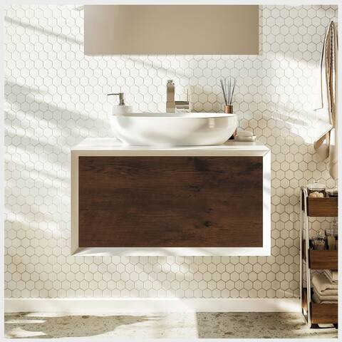 Eviva Santa Monica 30 inch Rosewood Wall Mount Bathroom Vanity with Solid Surface Vessel Sink