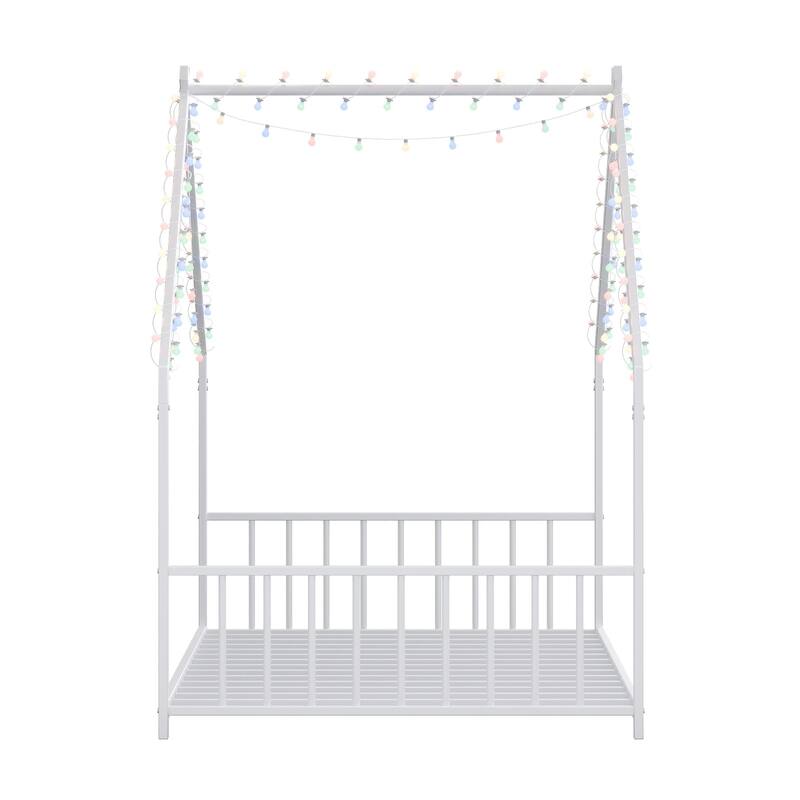 Twin Size LED Roof-Shaped Iron Bed Frame for Kids, White, 78.5x40.9x58.4 Inches
