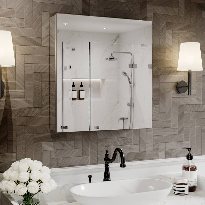 Modland Single Door Bathroom Medicine Cabinet with Mirror Adjustable Shelves,Recessed or Surface Mount - 24"x26"