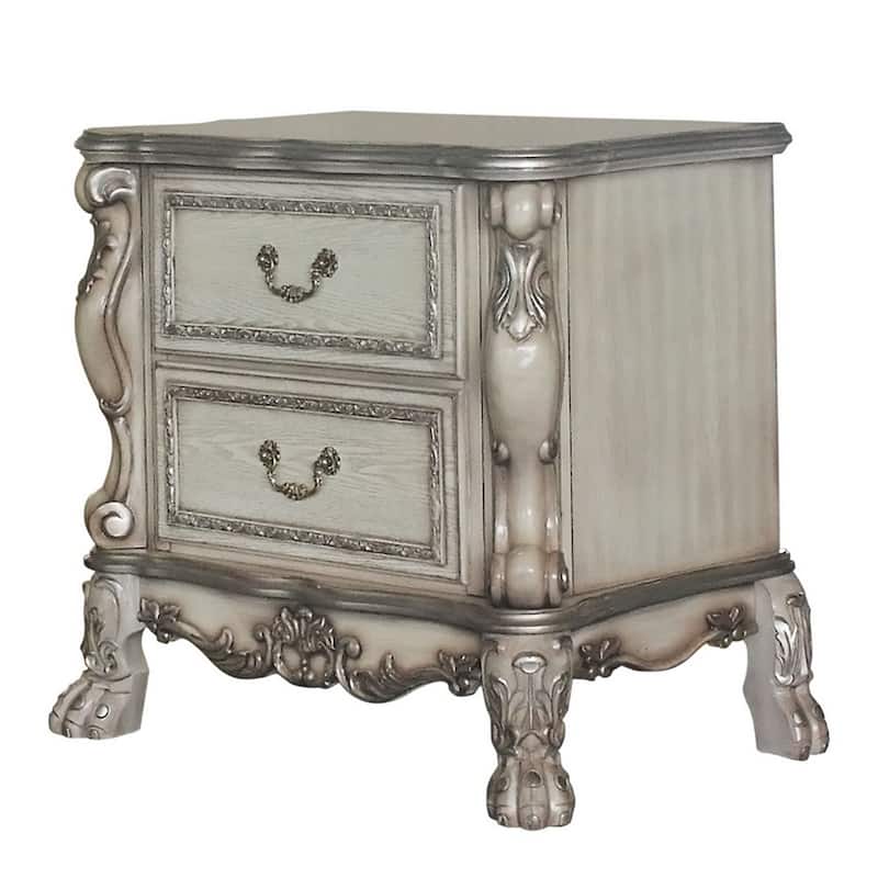 Traditional Wooden Nightstand with 2 Drawers and Carved Details, Silver