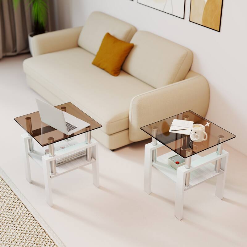 Set of 2 Modern Tempered Glass Tea Table ,Tempered Glass Tabletop with MDF Layer,Coffee Table