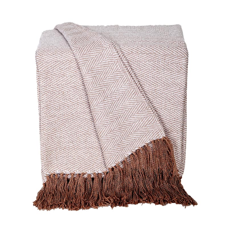 HomeRoots 50" X 60" Beige and Brown Woven Cotton Herringbone Throw Blanket with Fringe