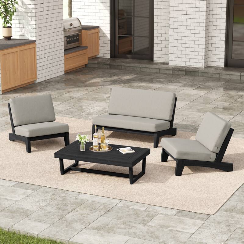4 Set Outdoor Patio Teak Wood Club Chairs Loveseat with Coffee Table