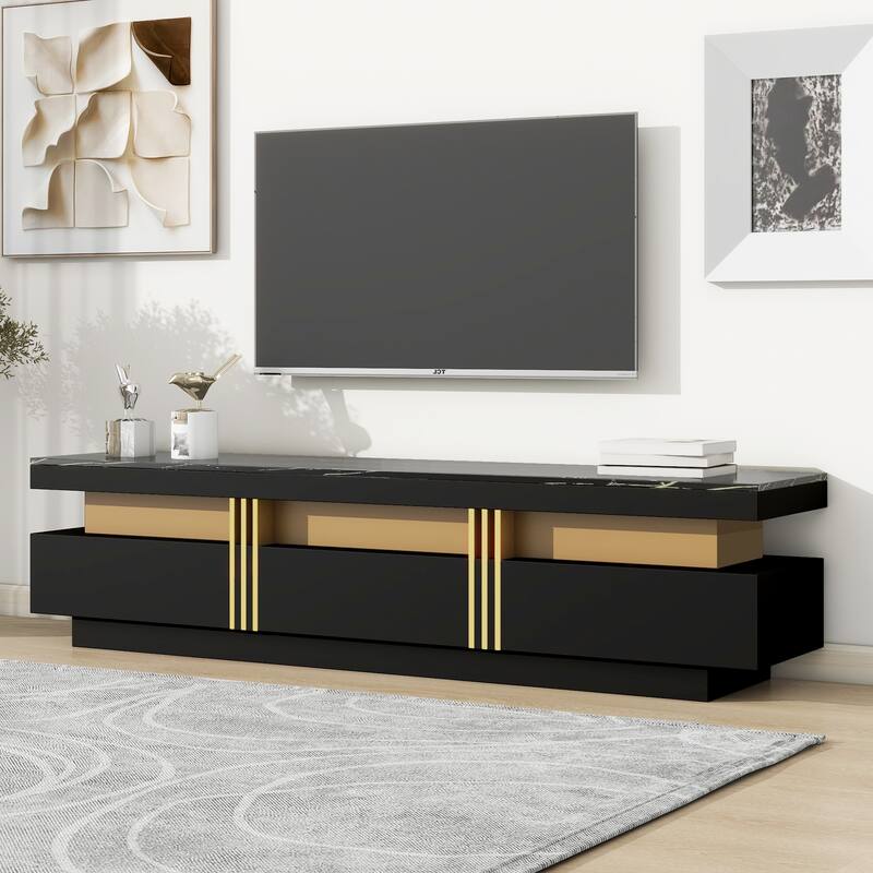 68" TV Stand with Drawers, Faux Marble Top & Gold Panel for TVs Up to 78"
