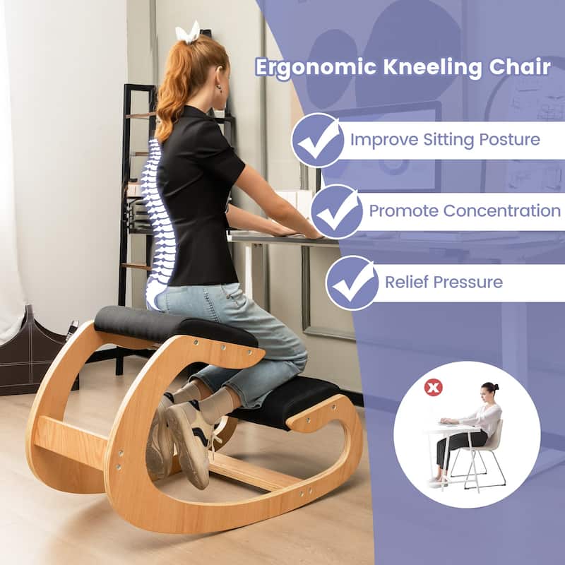 Wooden Rocking Chair with Comfortable Padded Seat Cushion and Knee Support - 21.5" x 34" x 22"