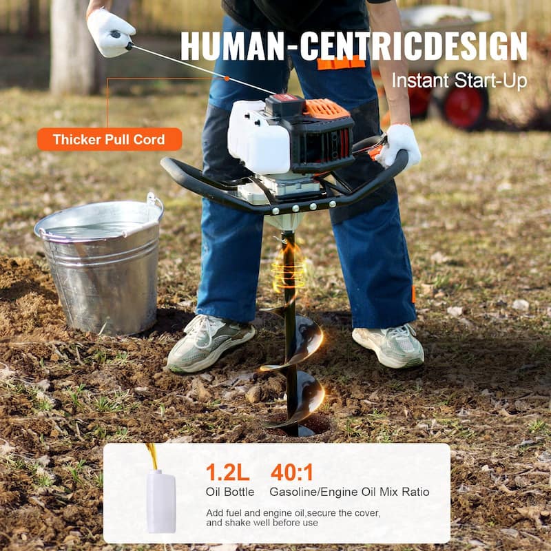 Gas Post Hole Digger 52CC 1450W with 8 inch Drill Bits with1 Extension Rod