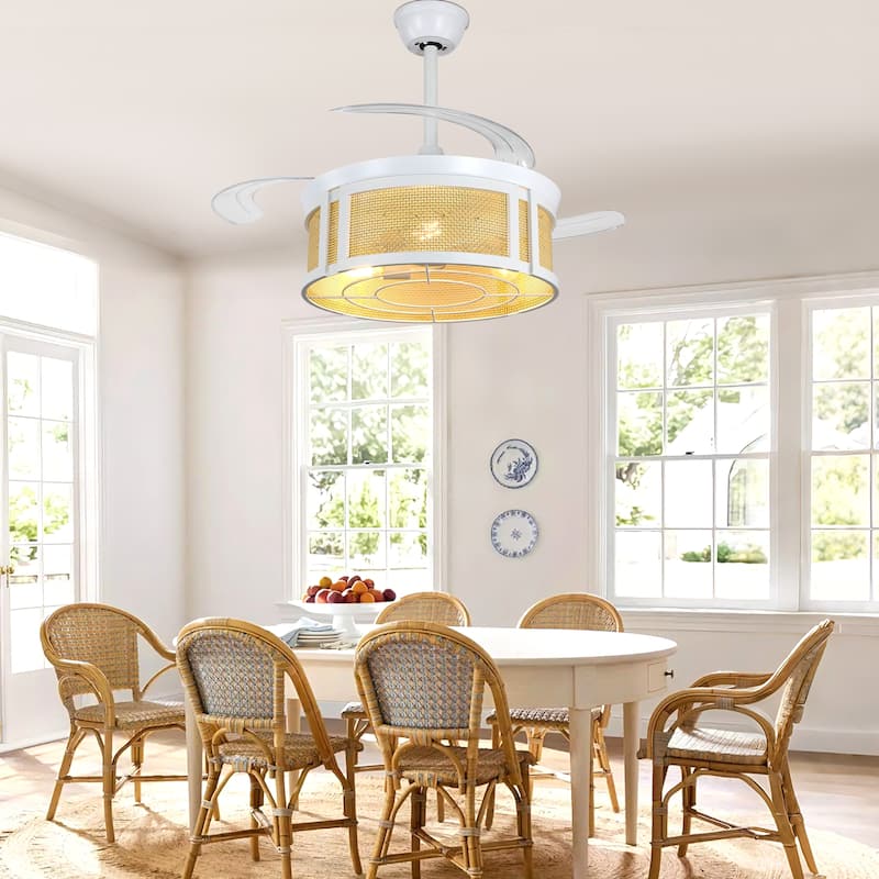 Bella Depot 42" Modern White Retractable Ceiling Fan with Light and Remote Control DC Motor Rattan Caged Ceiling Fan