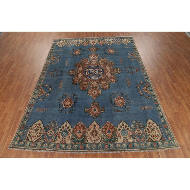 Blue Geometric Tabriz Persian Rug Traditional Handmade Wool Carpet - 7'8"x 10'8"