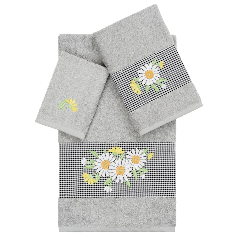 Authentic Hotel and Spa 100% Turkish Cotton Daisy 3PC Embellished Towel Set - Light Gray
