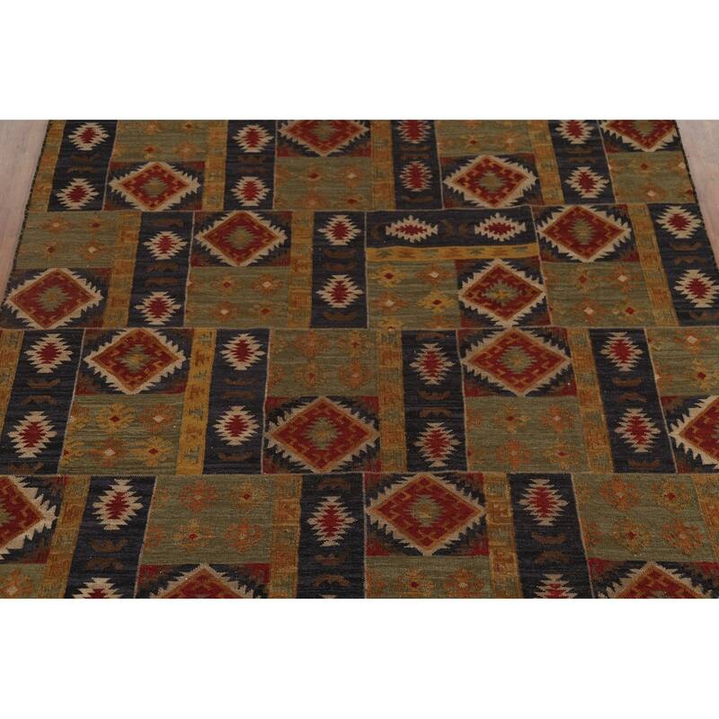 All-Over Geometric Kilim Indian Area Rug Hand-Woven Wool Carpet - 7'8"x 9'10"