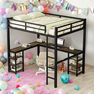 Full Size Loft Bed with Desk and Shelves and Ladder and Guardrails for Home