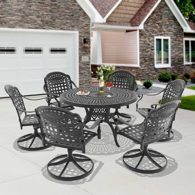 7-Piece Aluminum Round Outdoor Patio Dining Set, 6 Cushioned Swivel Chairs, Table, All-Weather Frames