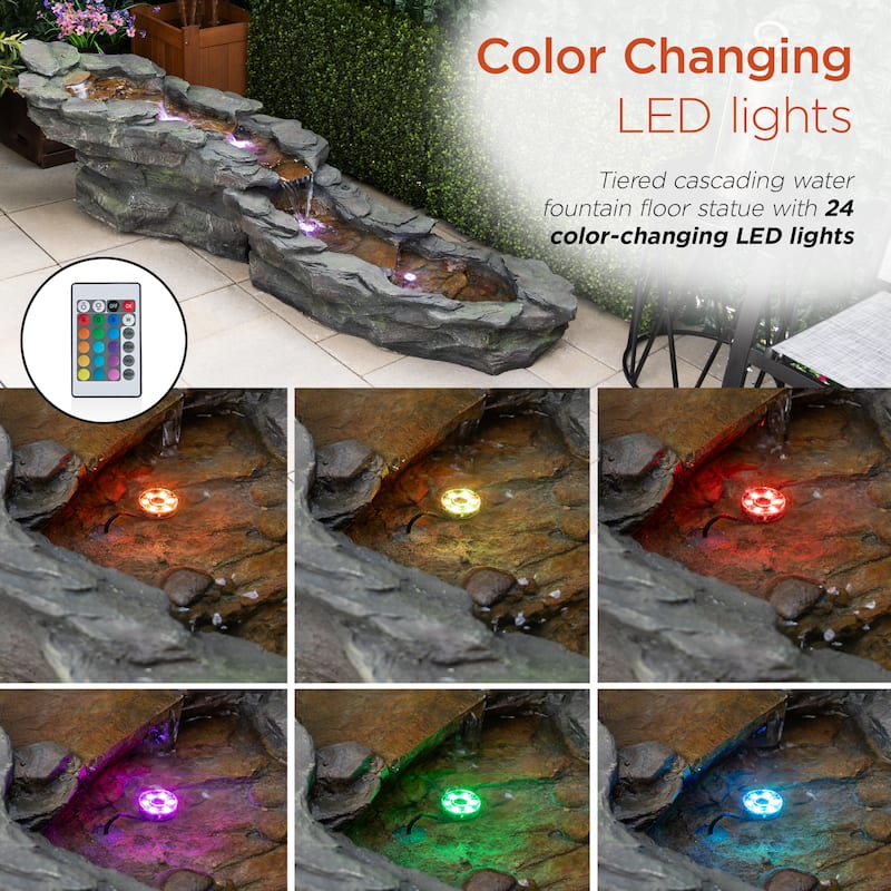 Alpine Corporation TZL240 76" Brown Outdoor Tiered Rocky River Stream Water Fountain with Color Changing LED Lights and Remote