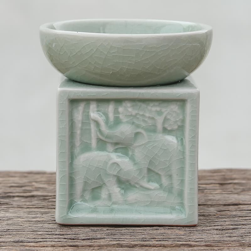 Novica Handmade Elephant Jungle Celadon Ceramic Oil Warmer