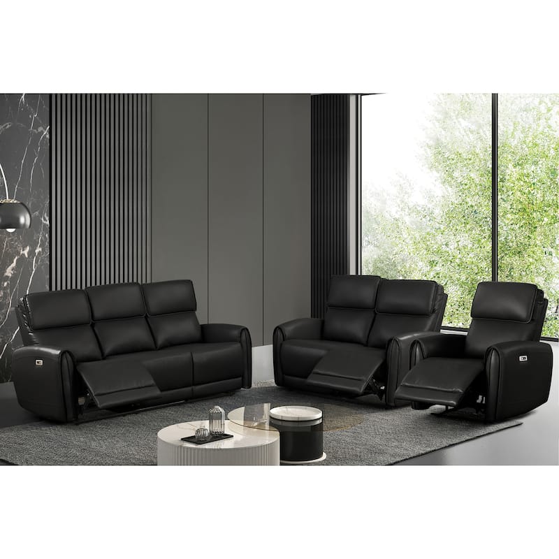 Furniture of America Elente Modern 3-Piece Faux Leather Power Recline Sofa Set with USB Ports - Black