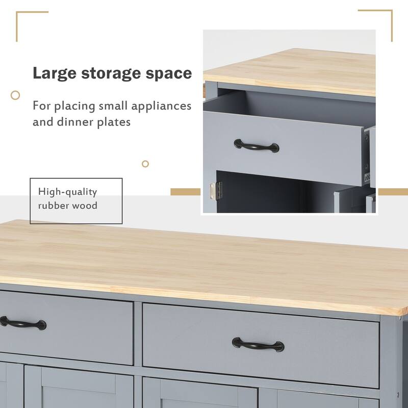 Kitchen Island Cart with Solid Wood Top, 4 Door Cabinet, 2 Drawers, Spice & Towel Rack, Locking Wheels, 54.3" - White