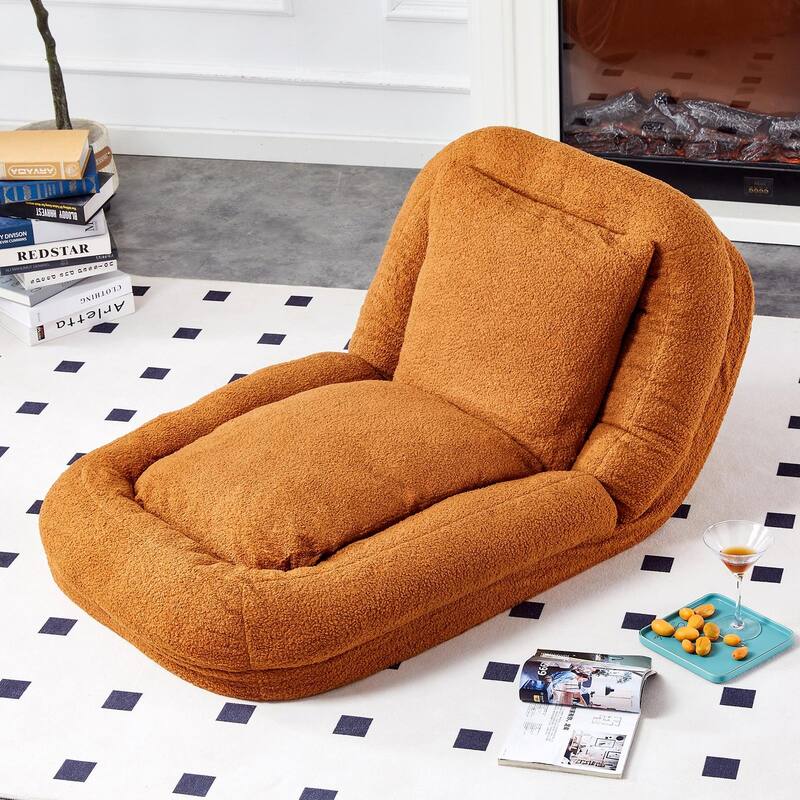 Folding Sofa Chair with 5 Adjustable Positions, Plush Floor Lounge Chair - Brown-Teddy